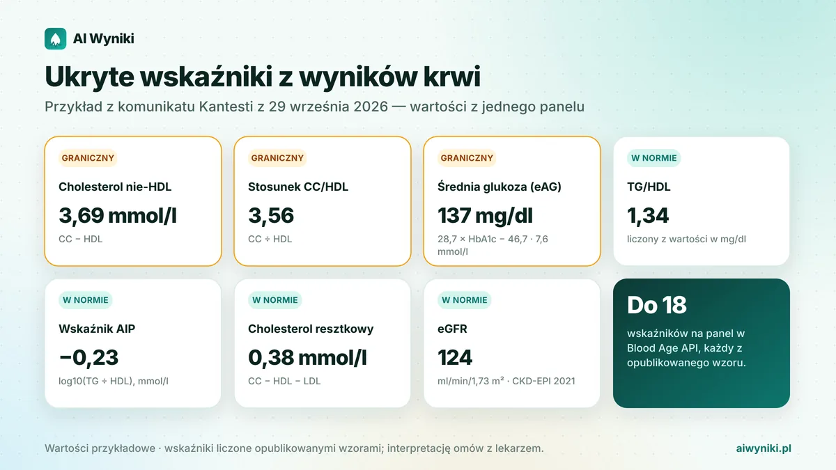 Karta z obliczeniami ukrytych wskaźników: nie-HDL, CC/HDL, eAG, TG/HDL, AIP, cholesterol resztkowy i eGFR ze statusem